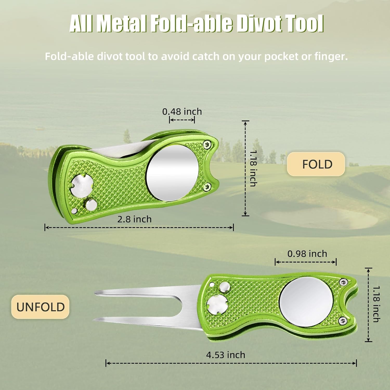 Golf Divot Repair Tool, All Metal Foldable Divot Tool with Pop-Up Button & Magnetic Ball Marker, 2-6 Pack