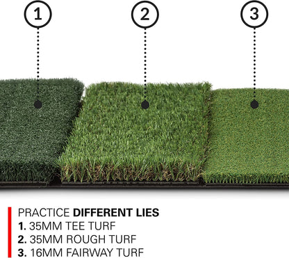 Rukket Tri-Turf Golf Hitting Mat Attack, Portable Driving, Chipping, Training Aids for Backyard with Adjustable Tees and Foam Practice Balls